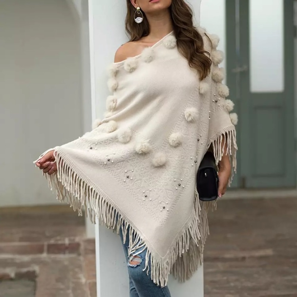 New! Pearl Pom Poncho - Picture 3 of 15